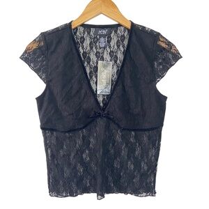 Just Polly Black Lace Velvet Trim Cropped Short Sleeve Shirt Large NWT Y2K